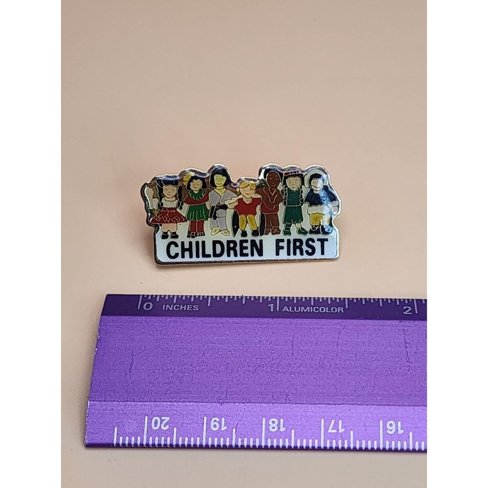 40 Yr Old 'Children First' Multi Ethnic Enamel Lapel Hat Pin Tie Tack Brooch Pin